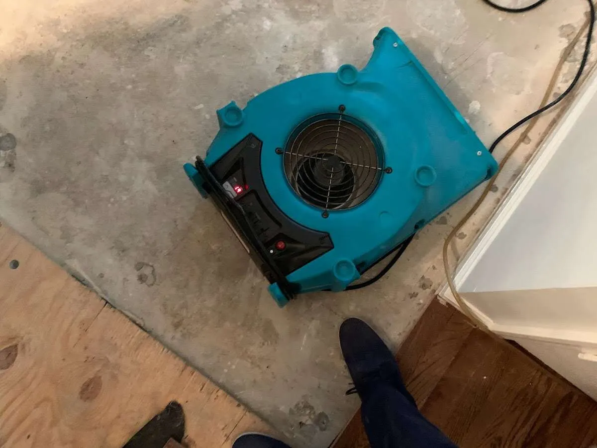 Air mover drying subfloor during Commercial Water Damage Restoration in Ventnor City